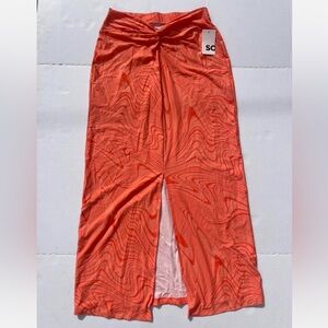 Orange Coral Swirl Print Knot Front Maxi Skirt – Size Large (37” Length, NWT)